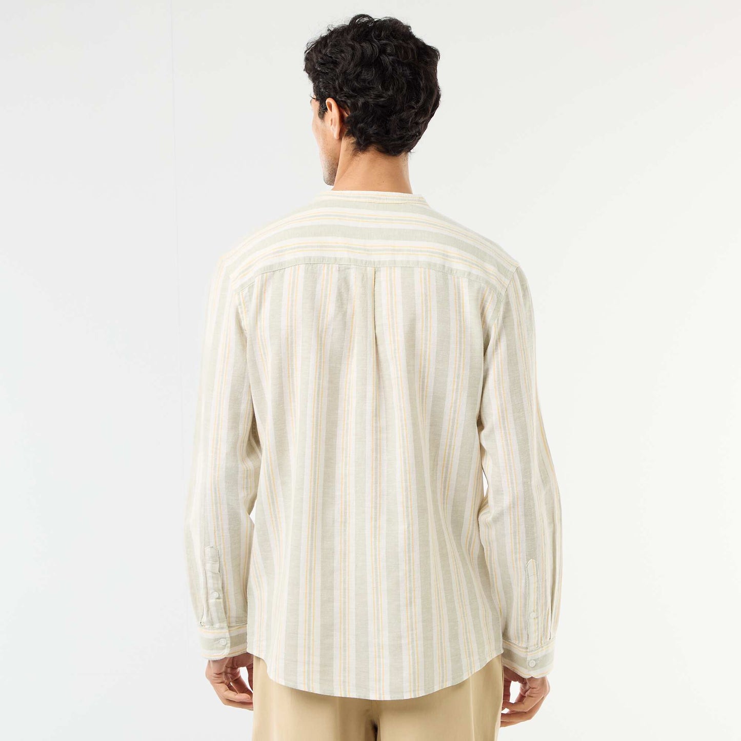 Striped Mao Collar Shirt with Roll-Up Sleeves GREEN