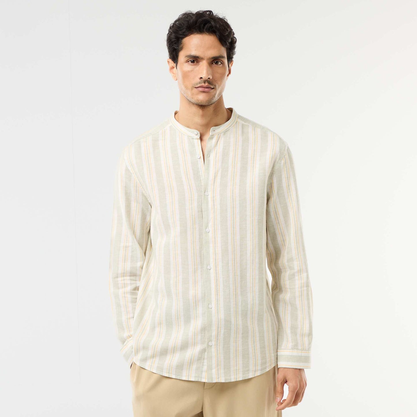 Striped Mao Collar Shirt with Roll-Up Sleeves GREEN