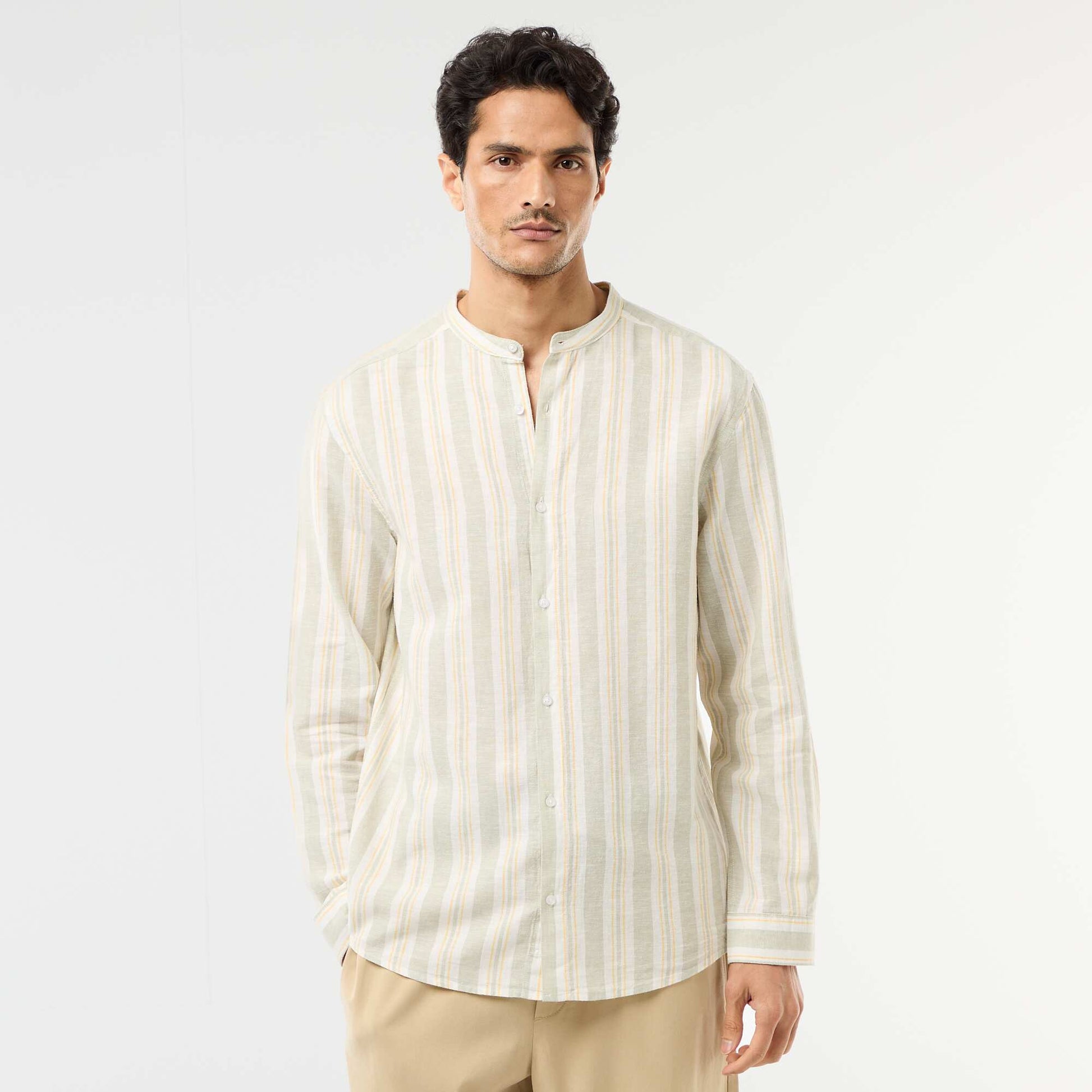 Striped Mao Collar Shirt with Roll-Up Sleeves GREEN