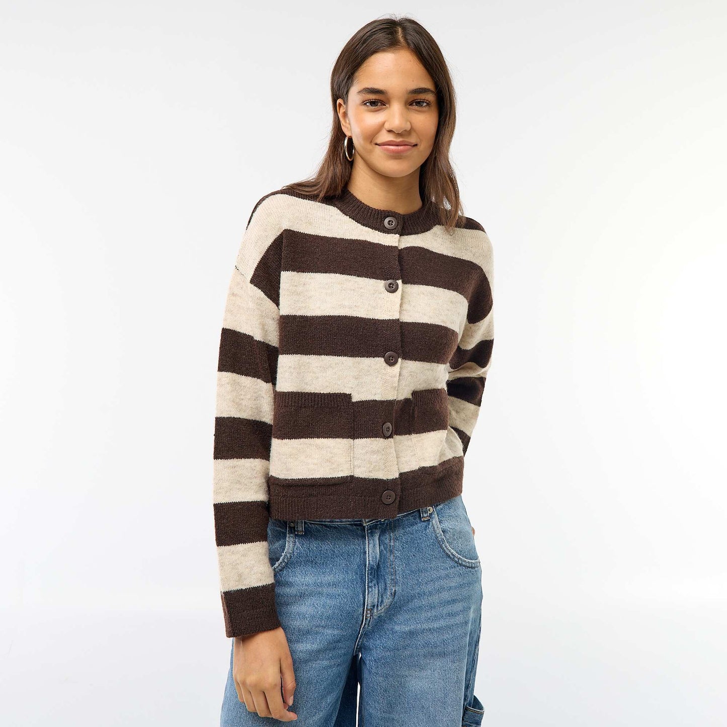 Buttoned Cardigan with 2 Patch Pockets BEIGE