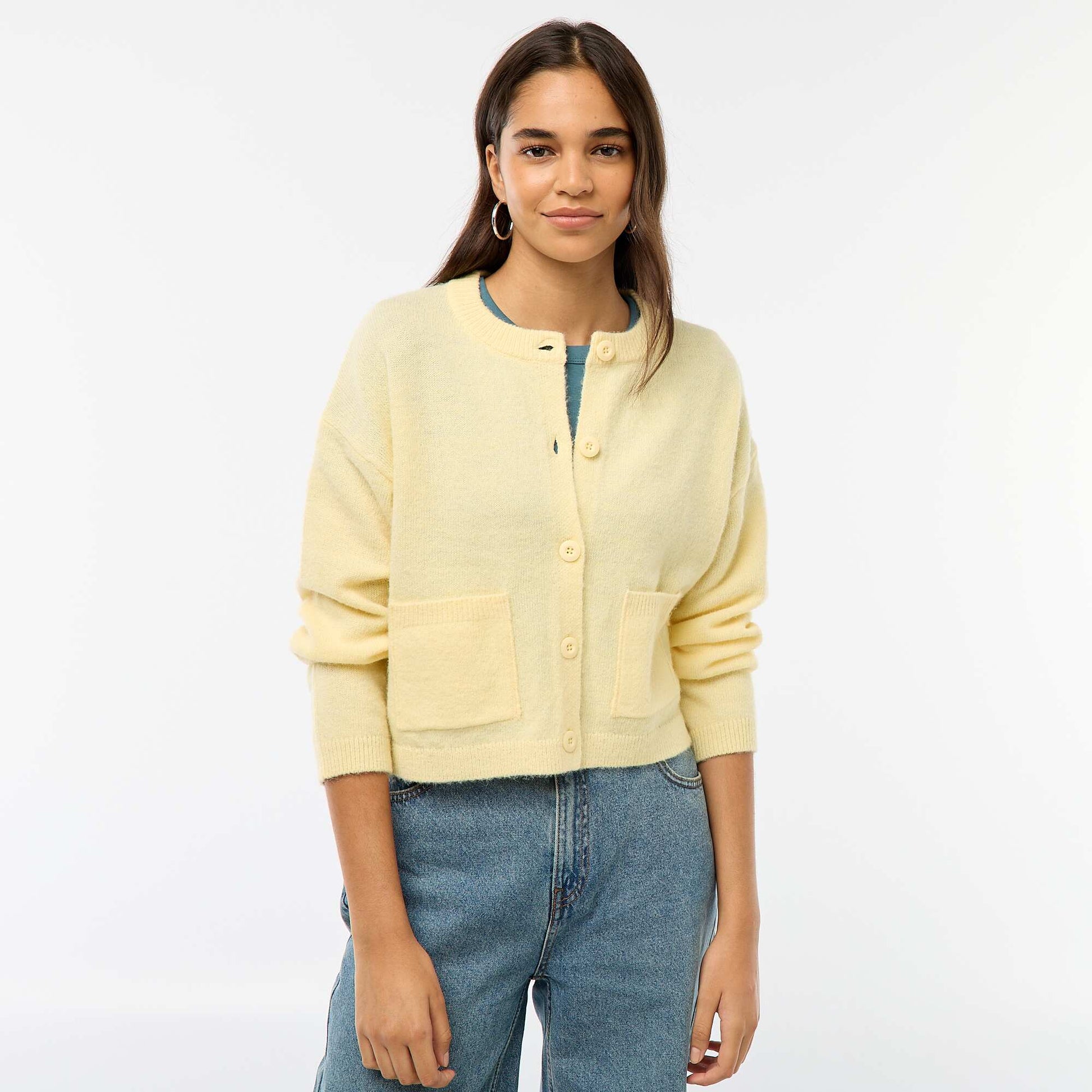 Buttoned Cardigan with 2 Patch Pockets YELLOW
