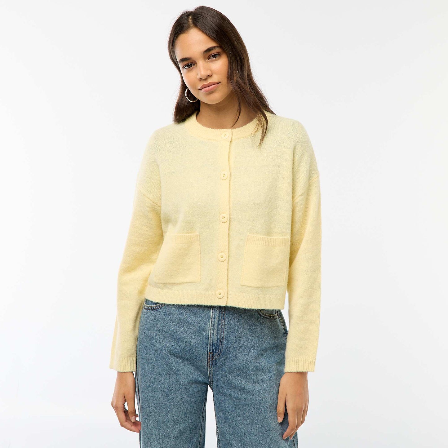 Buttoned Cardigan with 2 Patch Pockets YELLOW