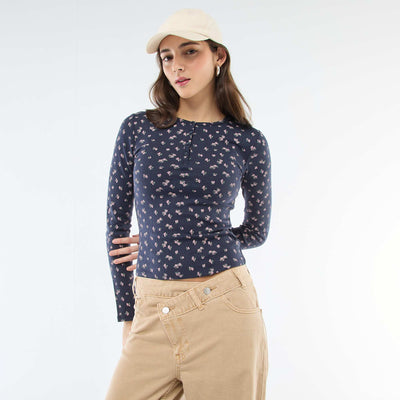 Floral Pointelle Knit T-Shirt BLUE