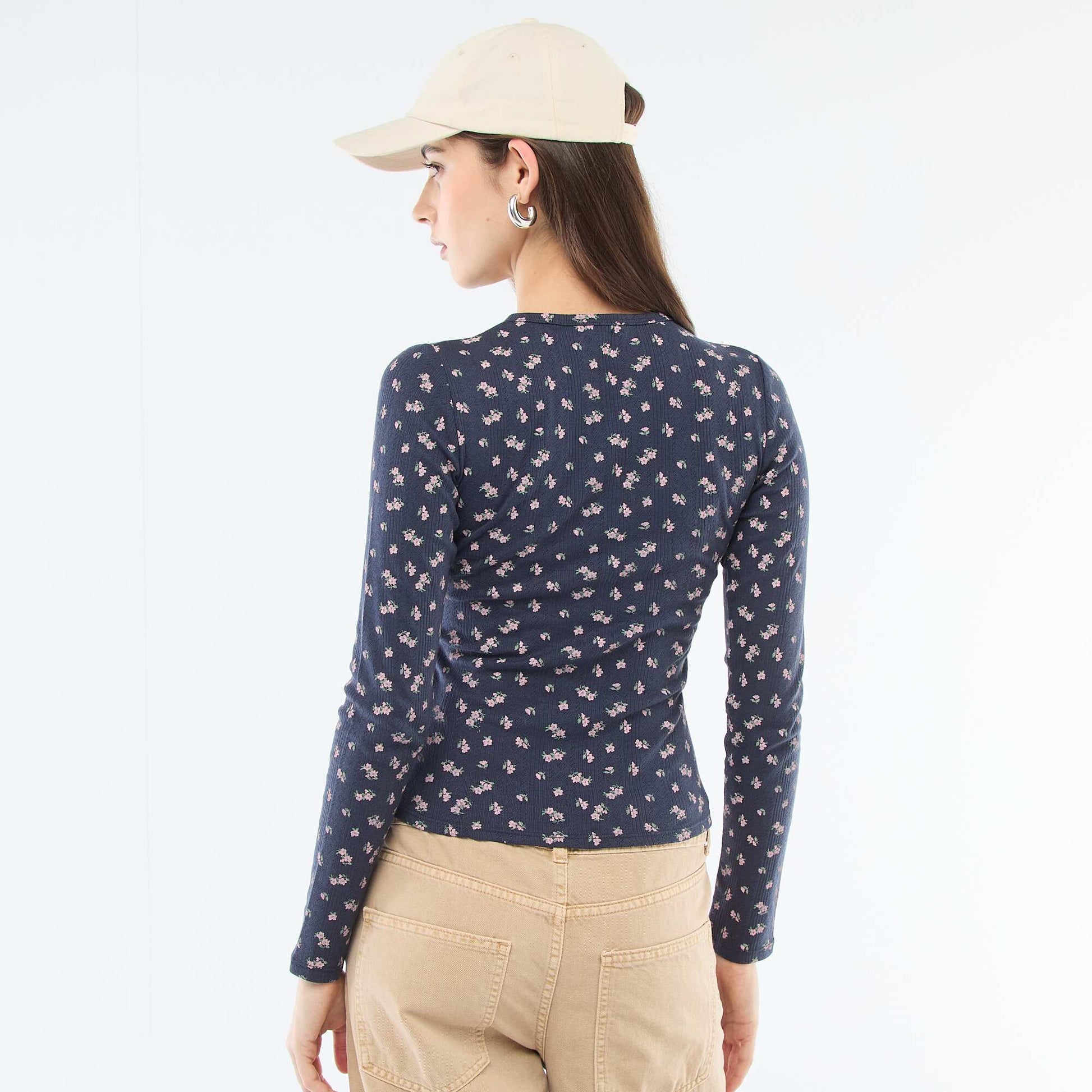 Floral Pointelle Knit T-Shirt BLUE