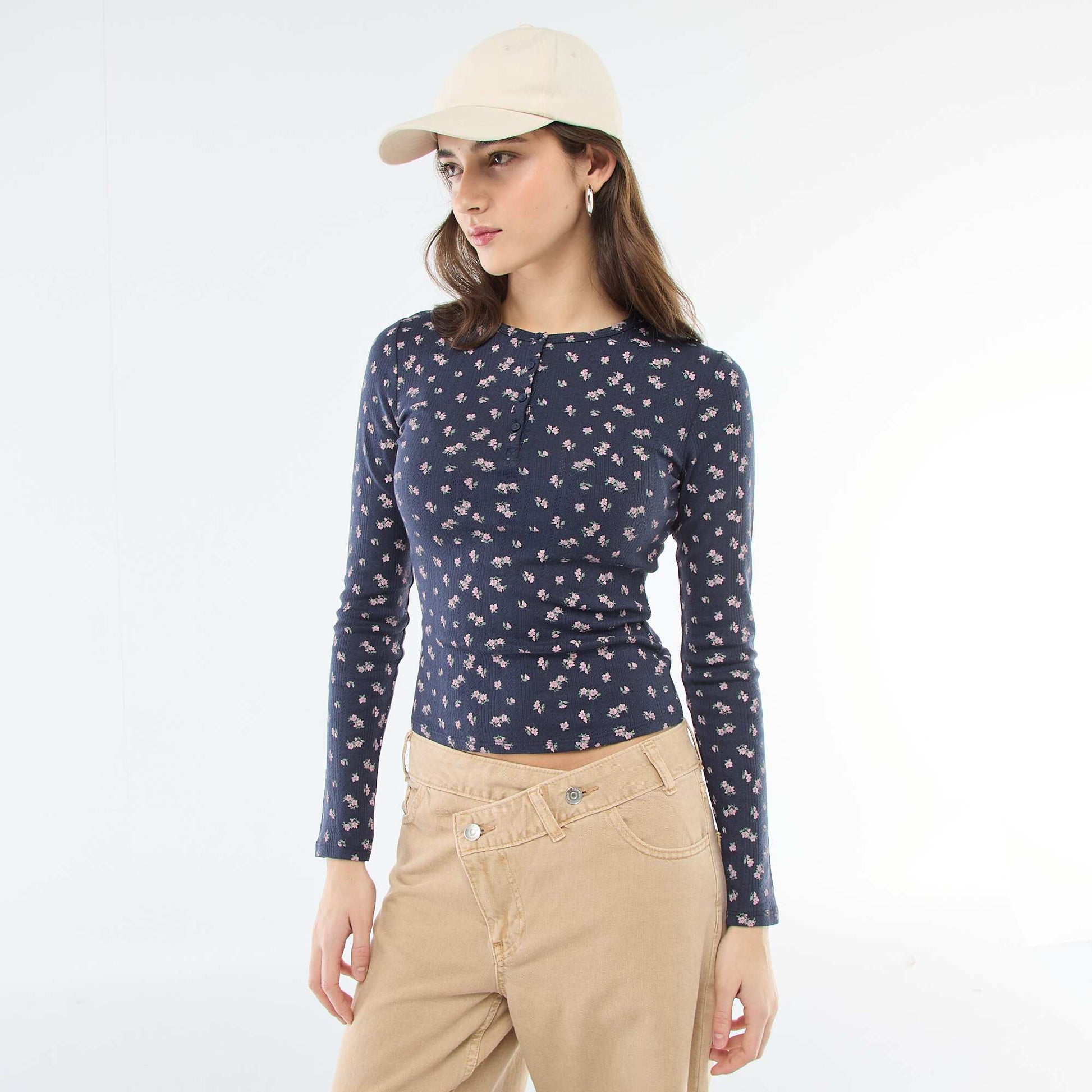 Floral Pointelle Knit T-Shirt BLUE