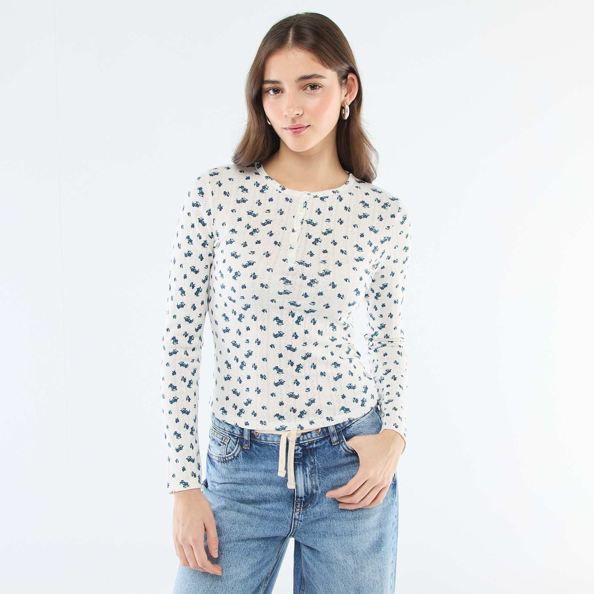 Floral Pointelle Knit T-Shirt WHITE
