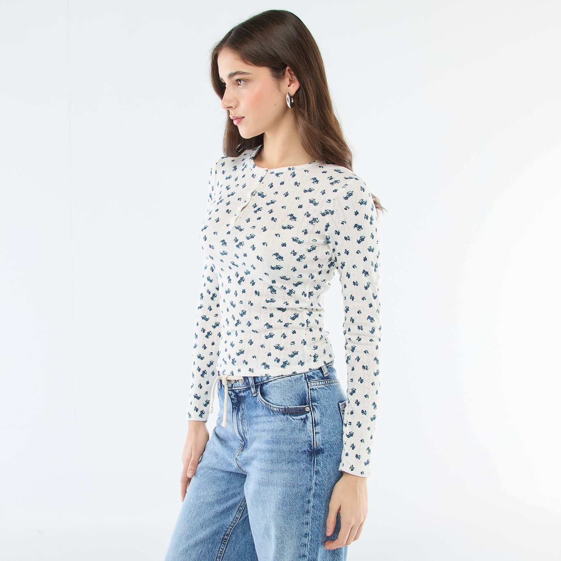 Floral Pointelle Knit T-Shirt WHITE