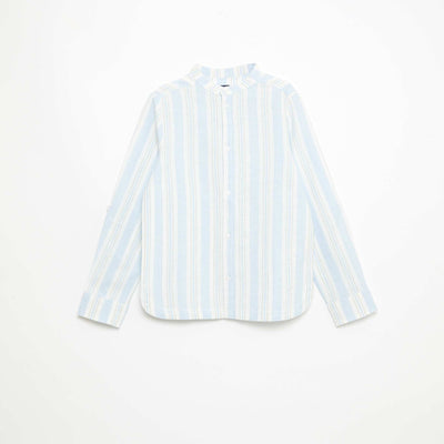 Striped Linen-Cotton Mao Collar Shirt BLUE