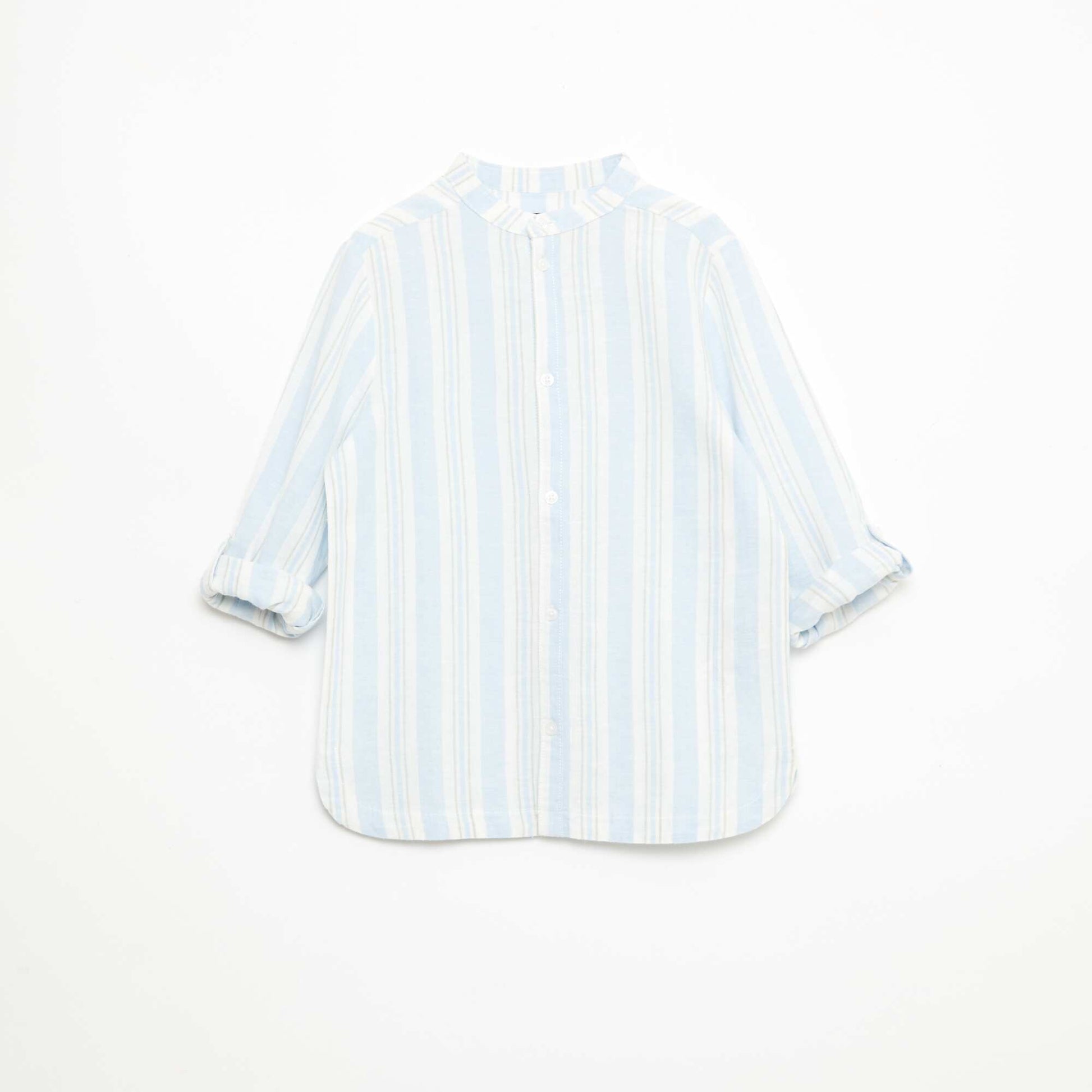 Striped Linen-Cotton Mao Collar Shirt BLUE