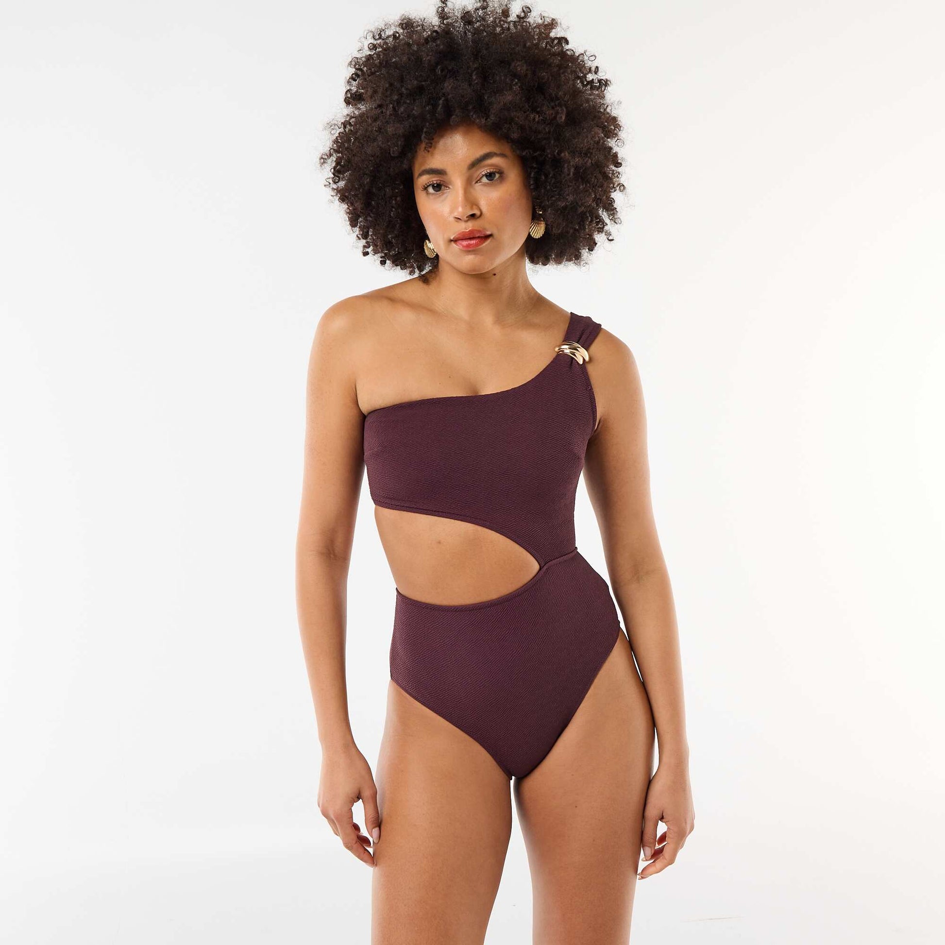 Asymmetrical one-piece swimsuit with gold-tone jewel PURPLE