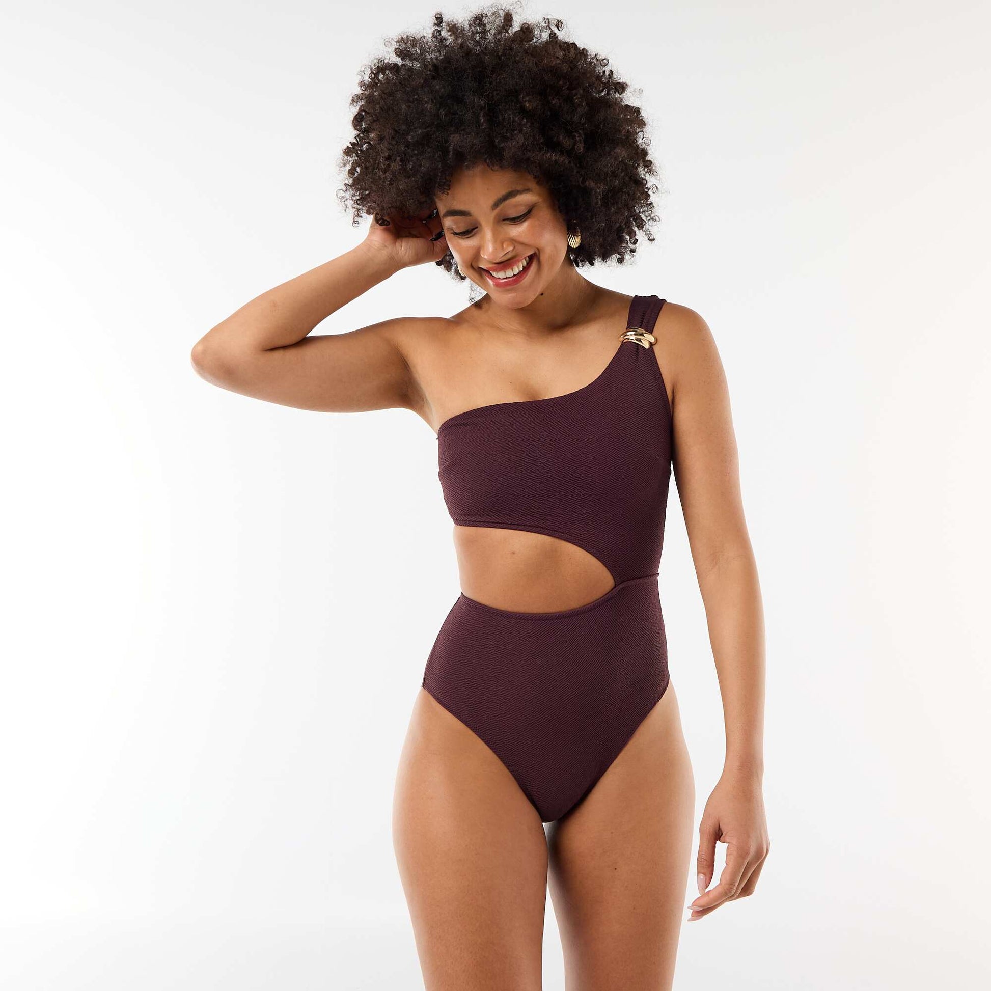 Asymmetrical one-piece swimsuit with gold-tone jewel PURPLE