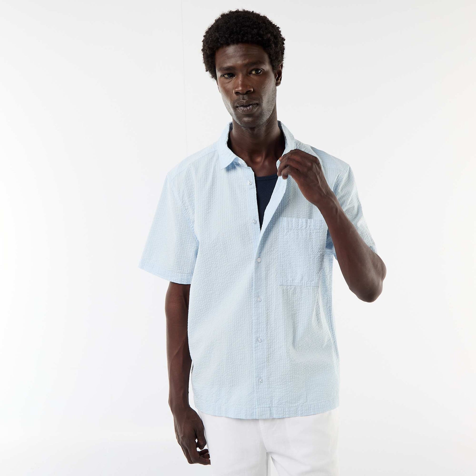 Short-sleeved seersucker shirt BLUE
