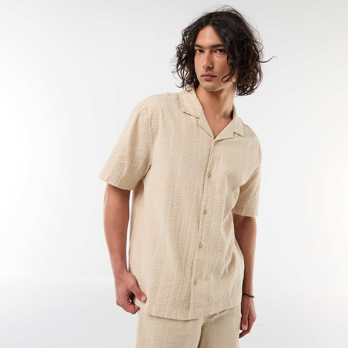 Short-Sleeved Waffle Knit Shirt BEIGE