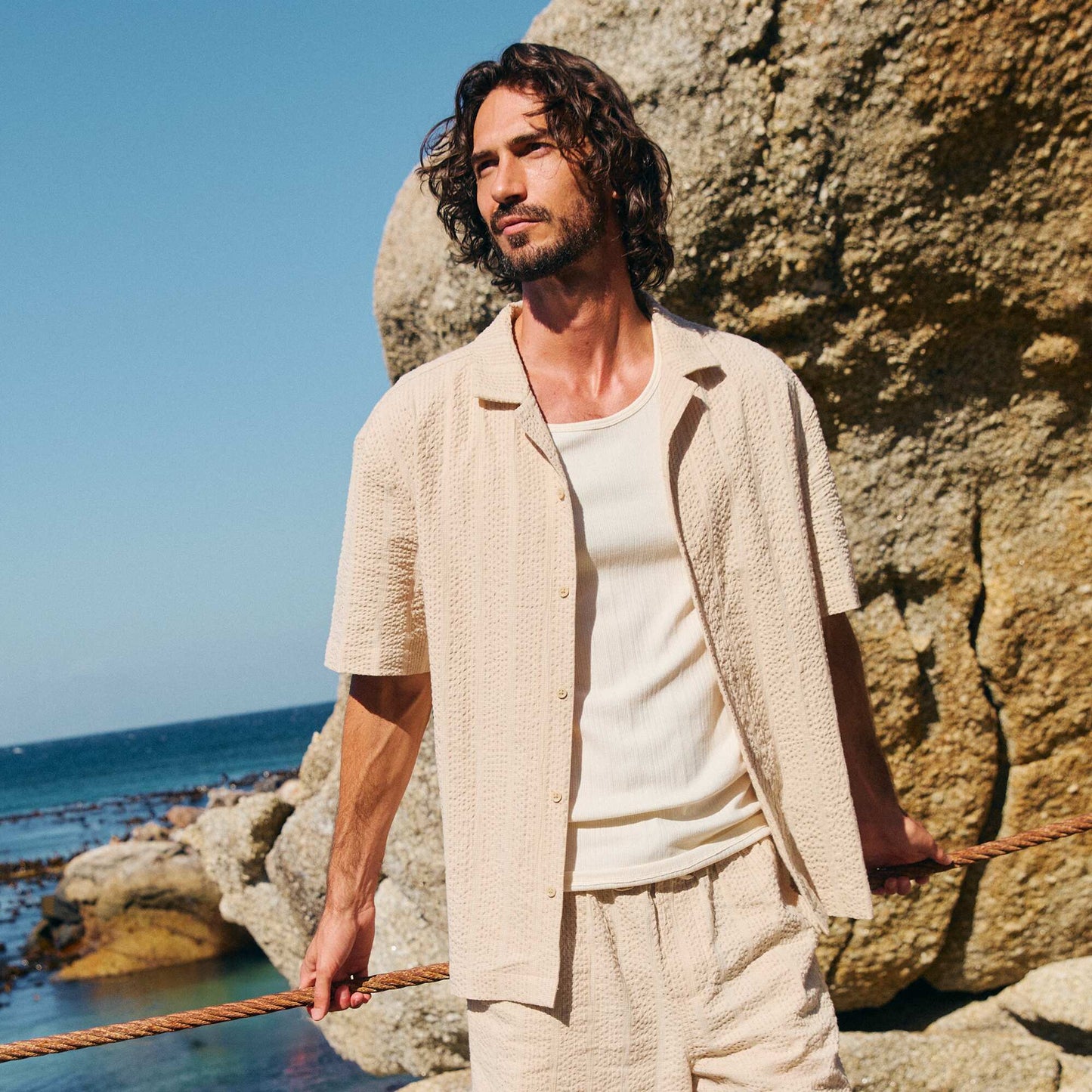 Short-Sleeved Waffle Knit Shirt BEIGE