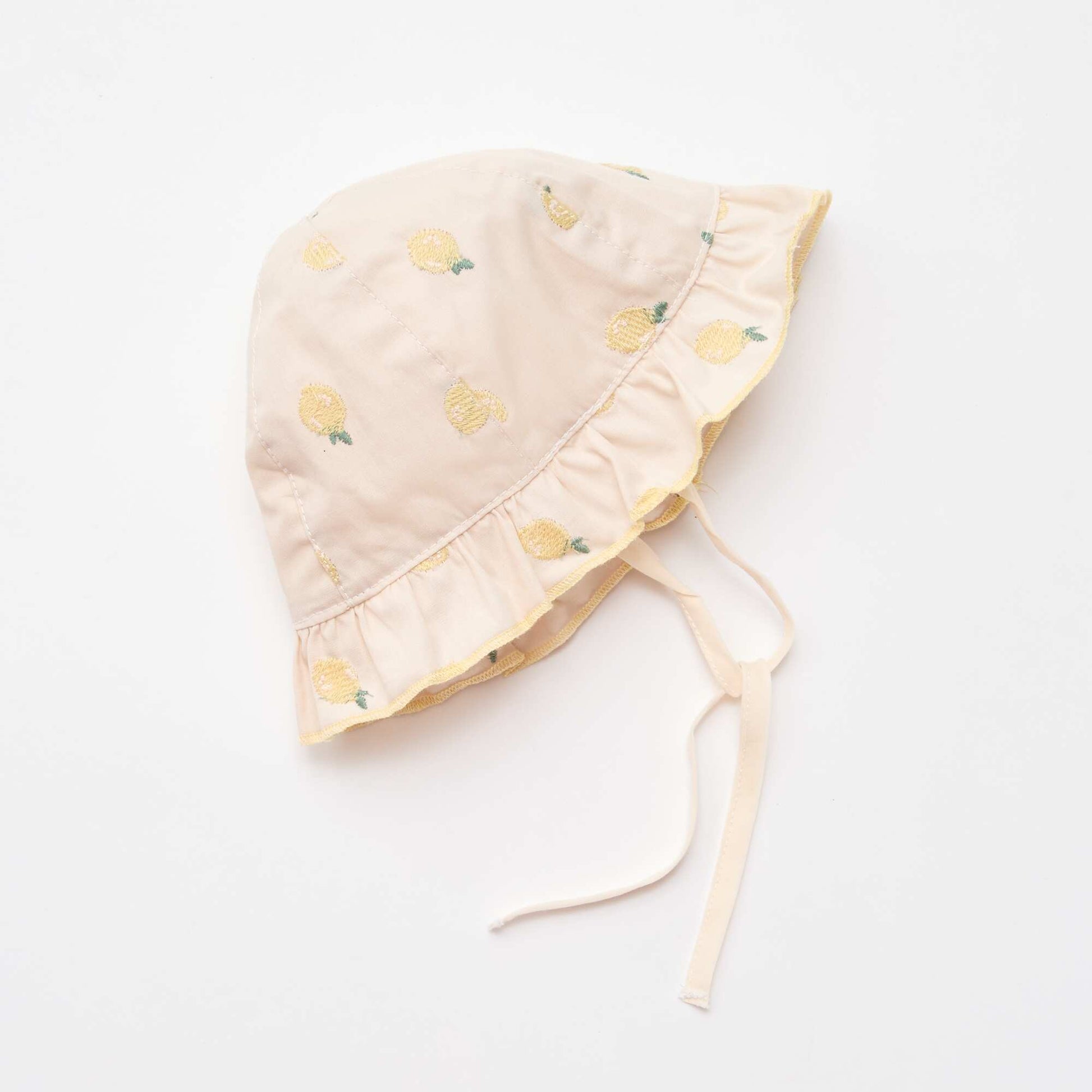 Frilled Bucket Hat with Embroidered Lemons YELLOW