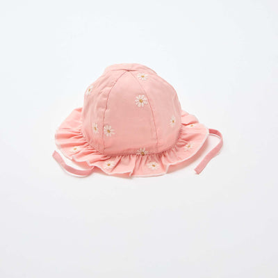 Ruffled bucket hat with embroidered flowers PINK