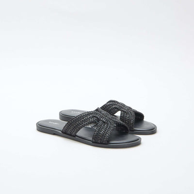 Straw Strap Mules BLACK