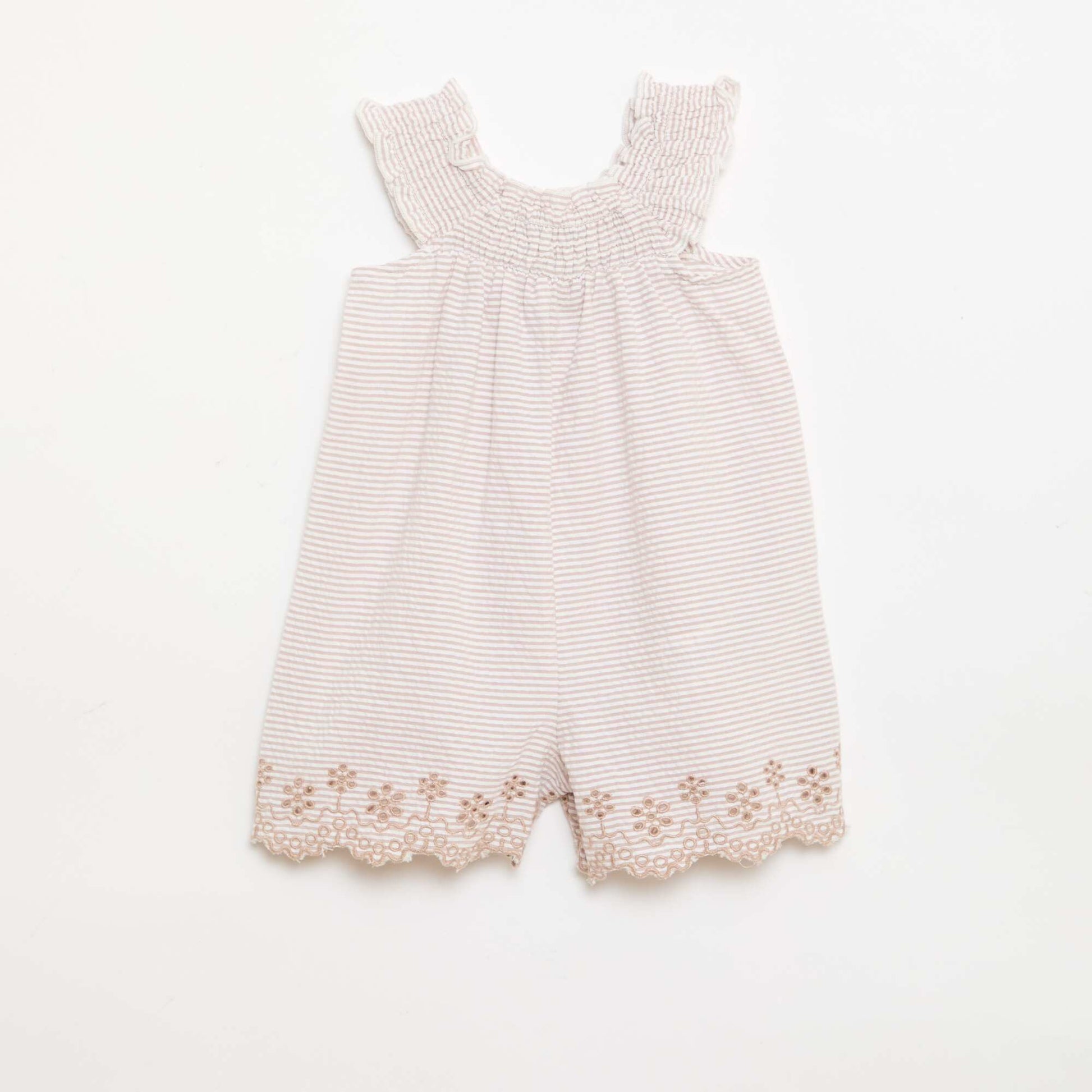 Striped Seersucker Short Romper with Smocking and Embroidery BEIGE