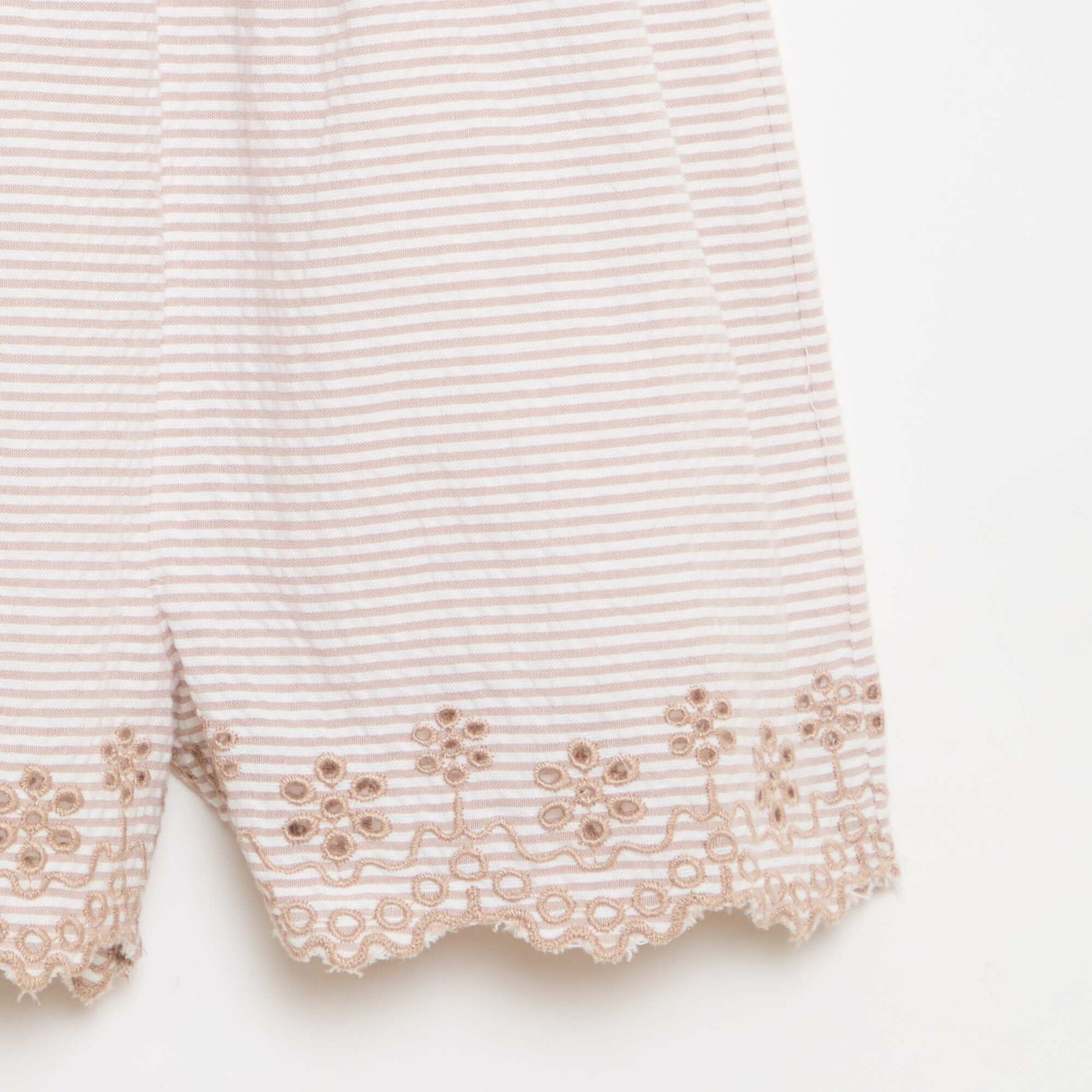 Striped Seersucker Short Romper with Smocking and Embroidery BEIGE