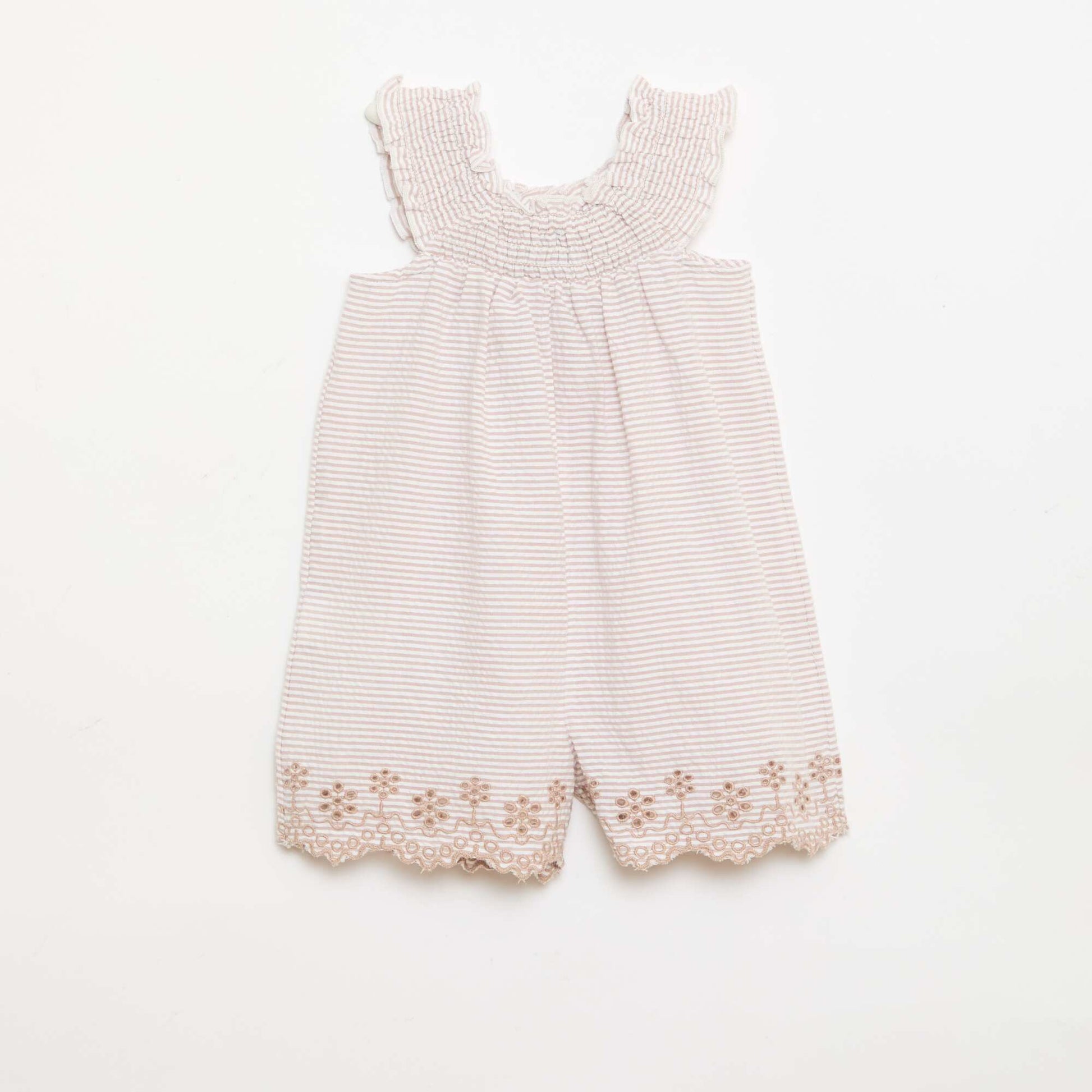 Striped Seersucker Short Romper with Smocking and Embroidery BEIGE