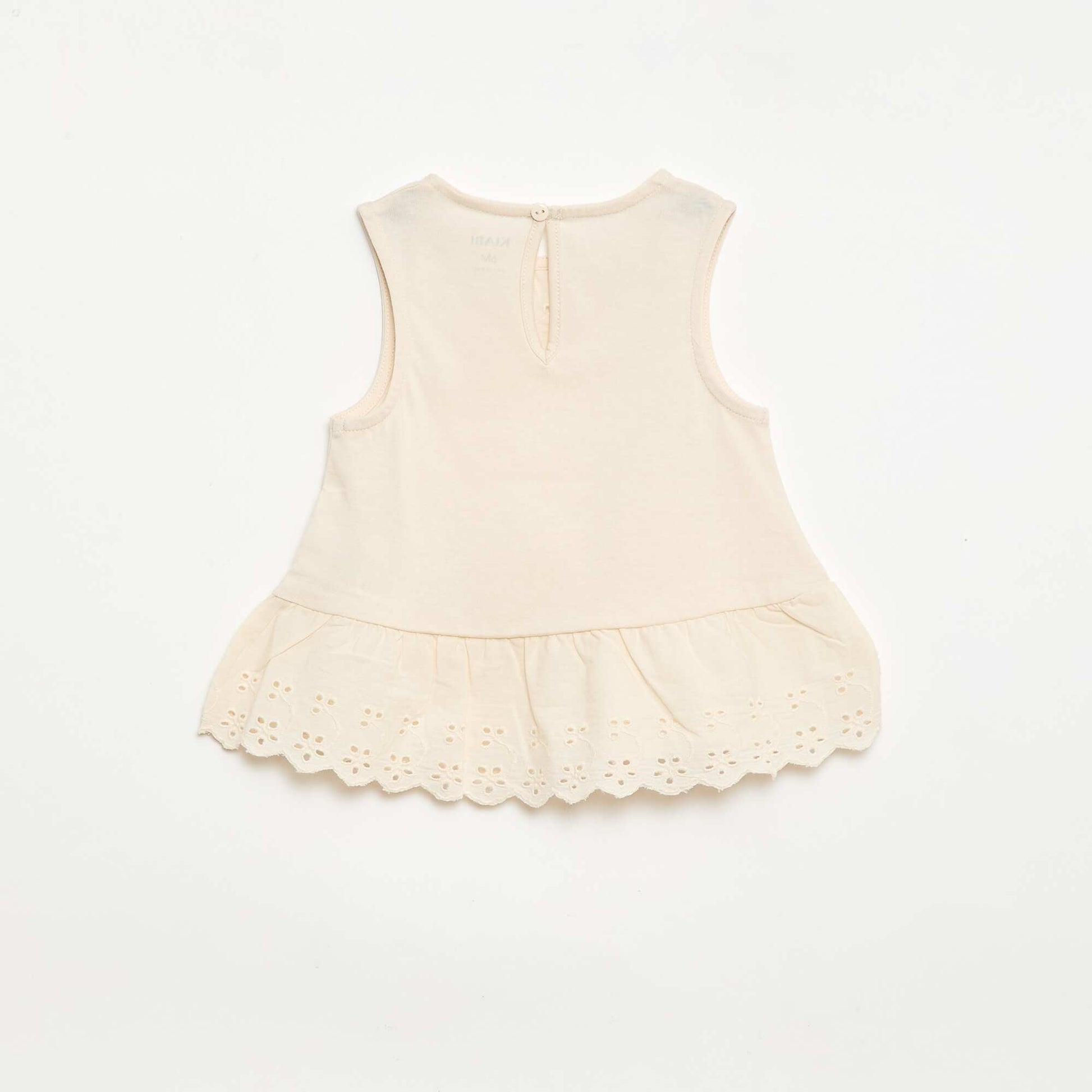 Sleeveless cotton jersey T-shirt with broderie anglaise details ECRU