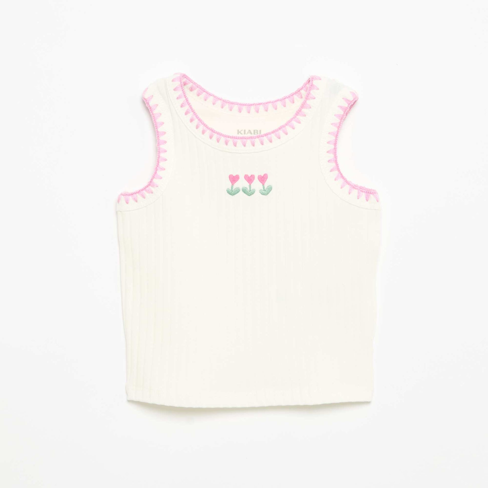 Ribbed Tank Top with Embroidered Armholes WHITE