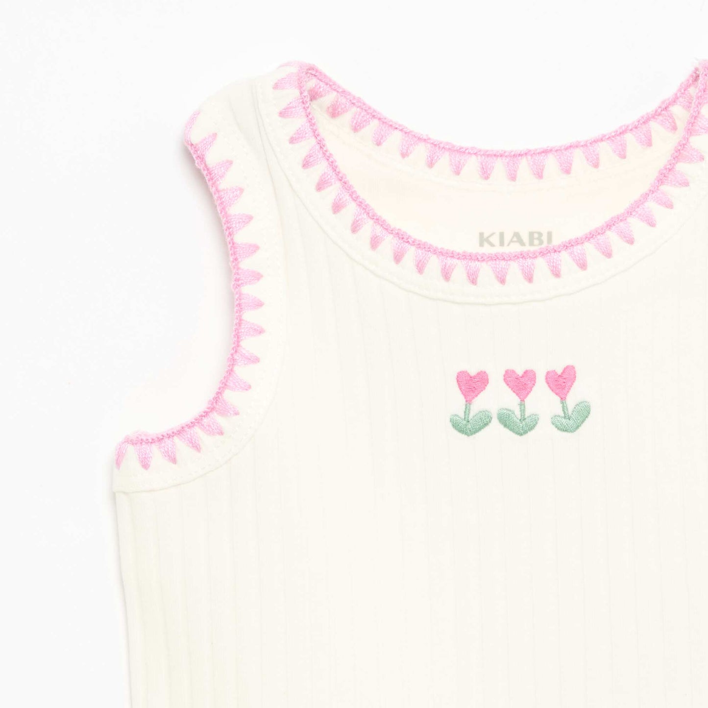 Ribbed Tank Top with Embroidered Armholes WHITE