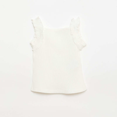 Ribbed Pointelle Tank Top with Ruffled Straps WHITE