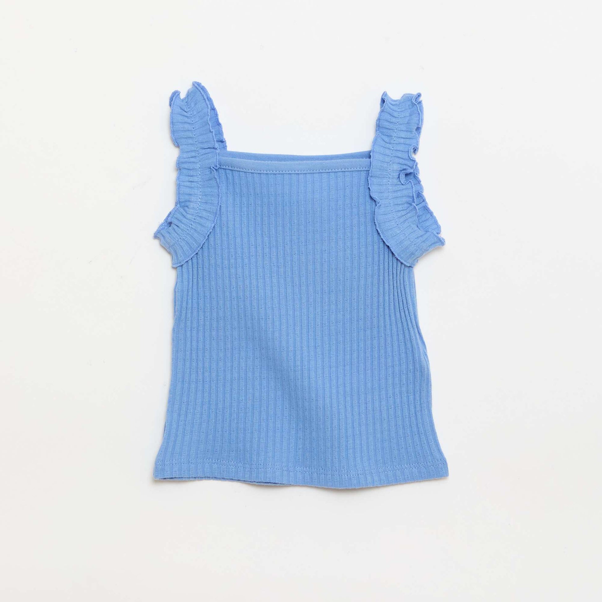 Ribbed Pointelle Tank Top with Ruffled Straps BLUE