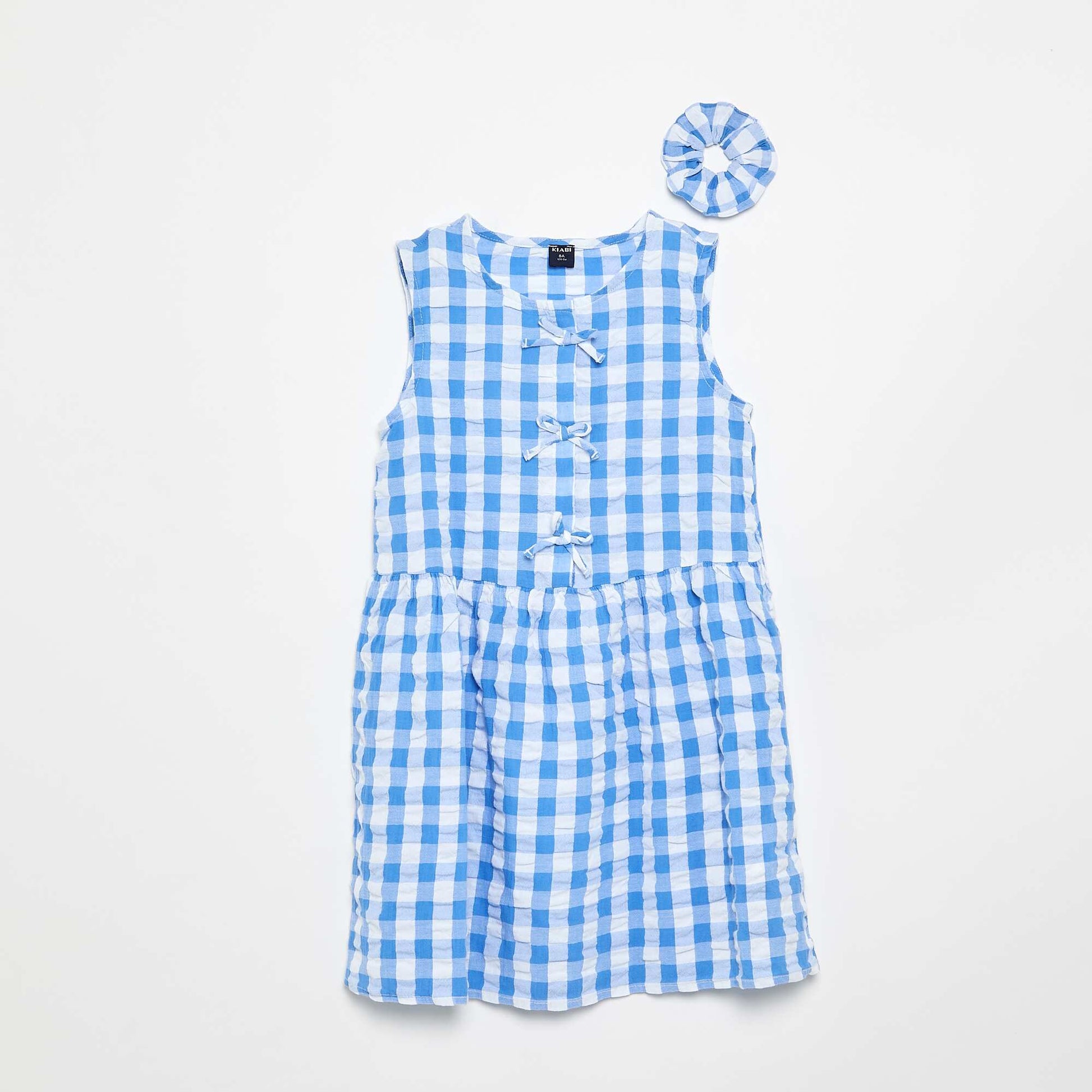 Short-sleeved gingham dress with bow + scrunchie BLUE