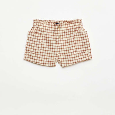 Checked cotton and linen shorts BROWN
