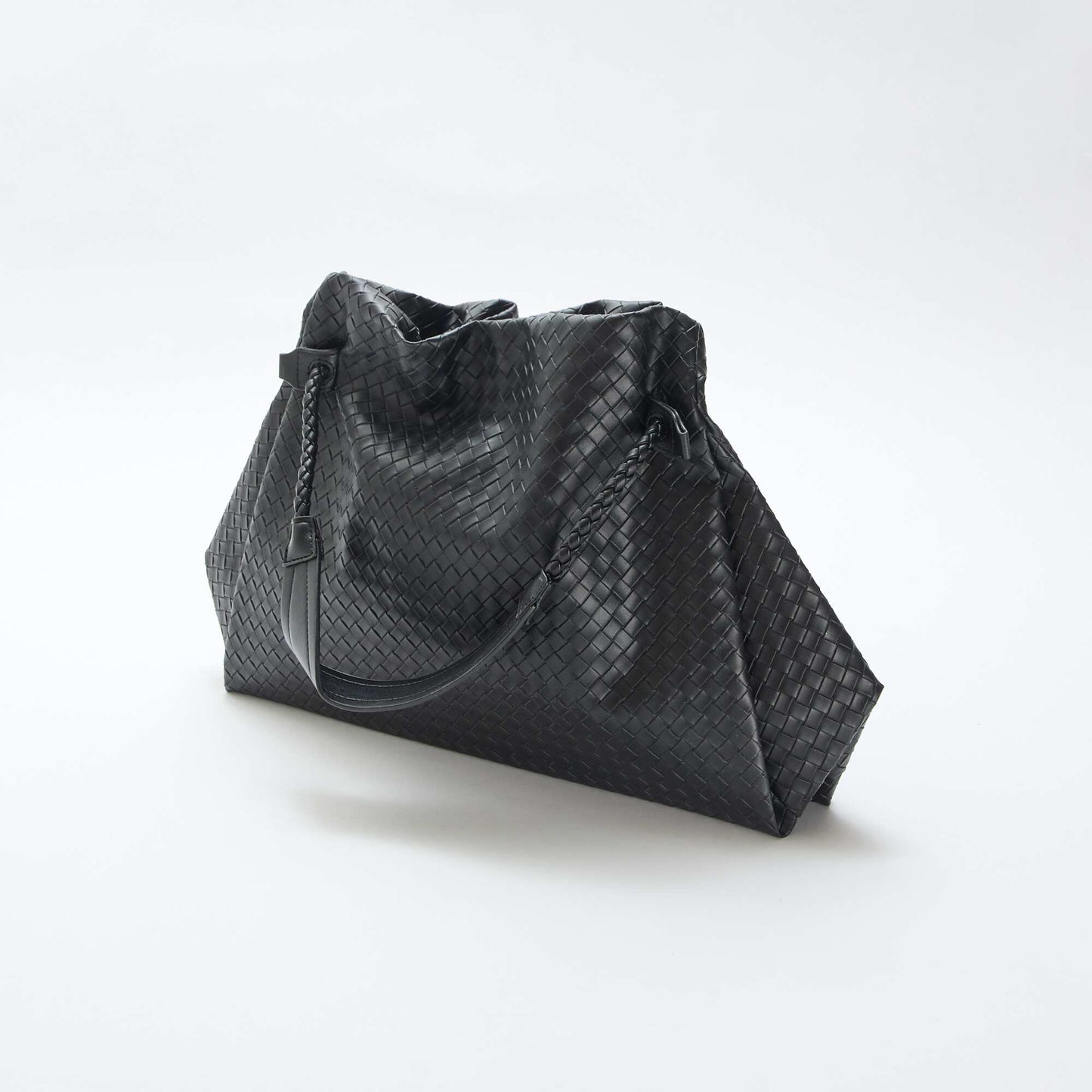 Large Faux Leather Woven-Effect Bag BLACK