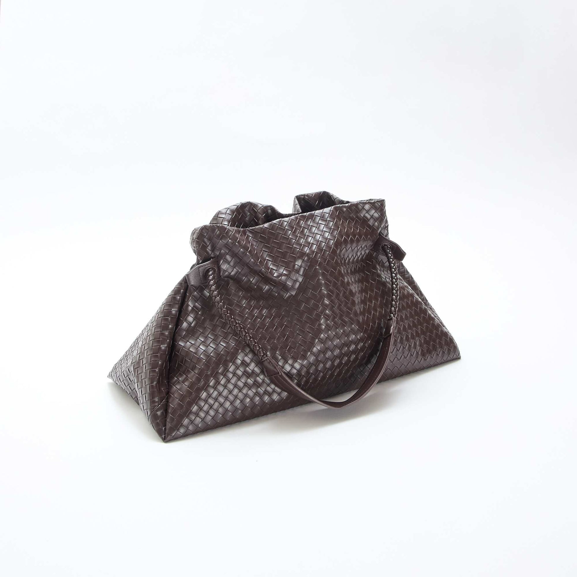 Large Faux Leather Woven-Effect Bag BROWN