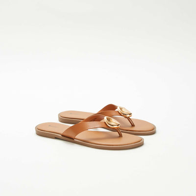 Faux Leather Flip-flops with Metallic Detail BROWN