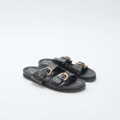 Mules with Gold-Tone Buckle Straps BLACK