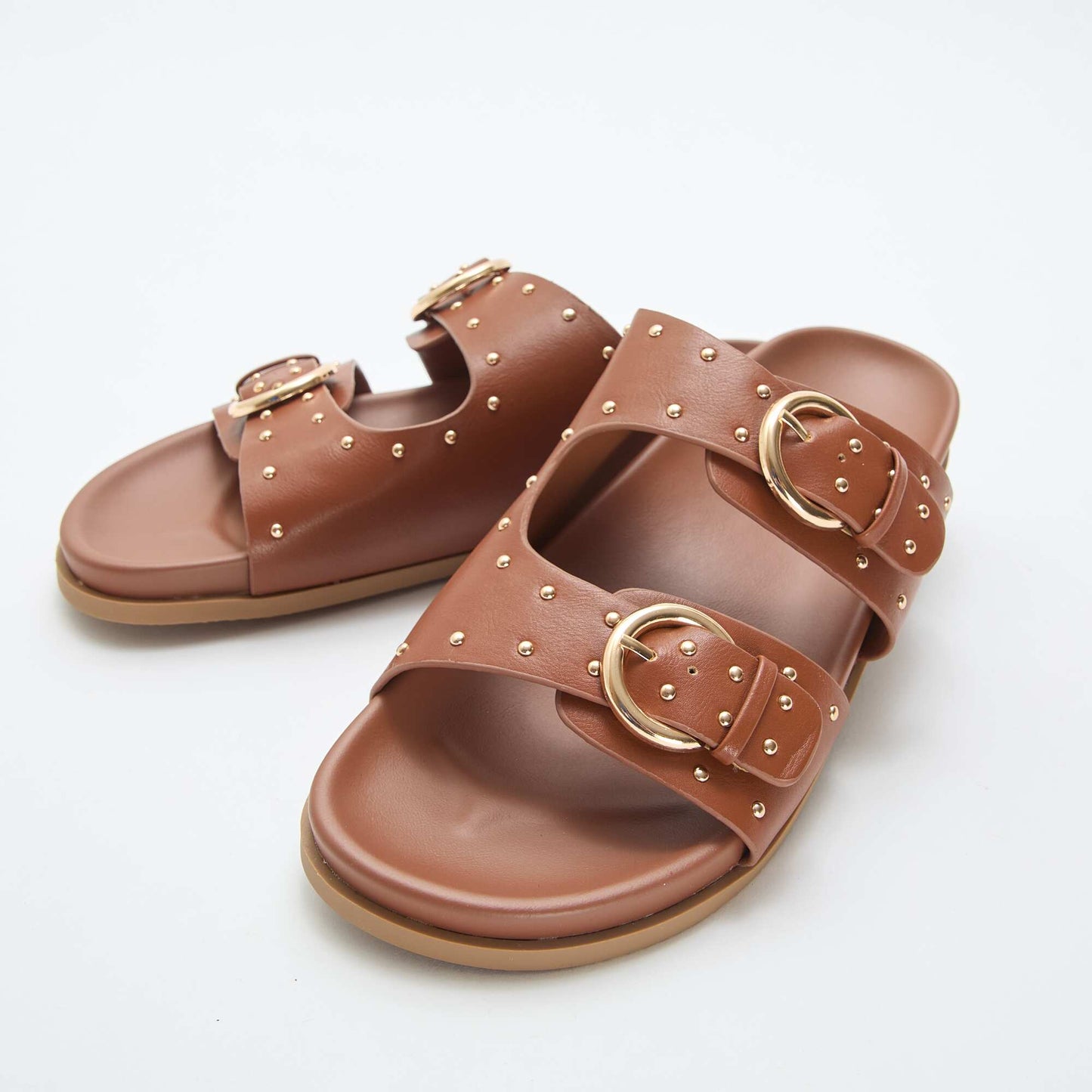 Mules with Gold-Tone Buckle Straps BROWN