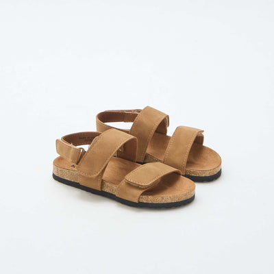 Flat sandals with double strap and hook-and-loop fastening BROWN