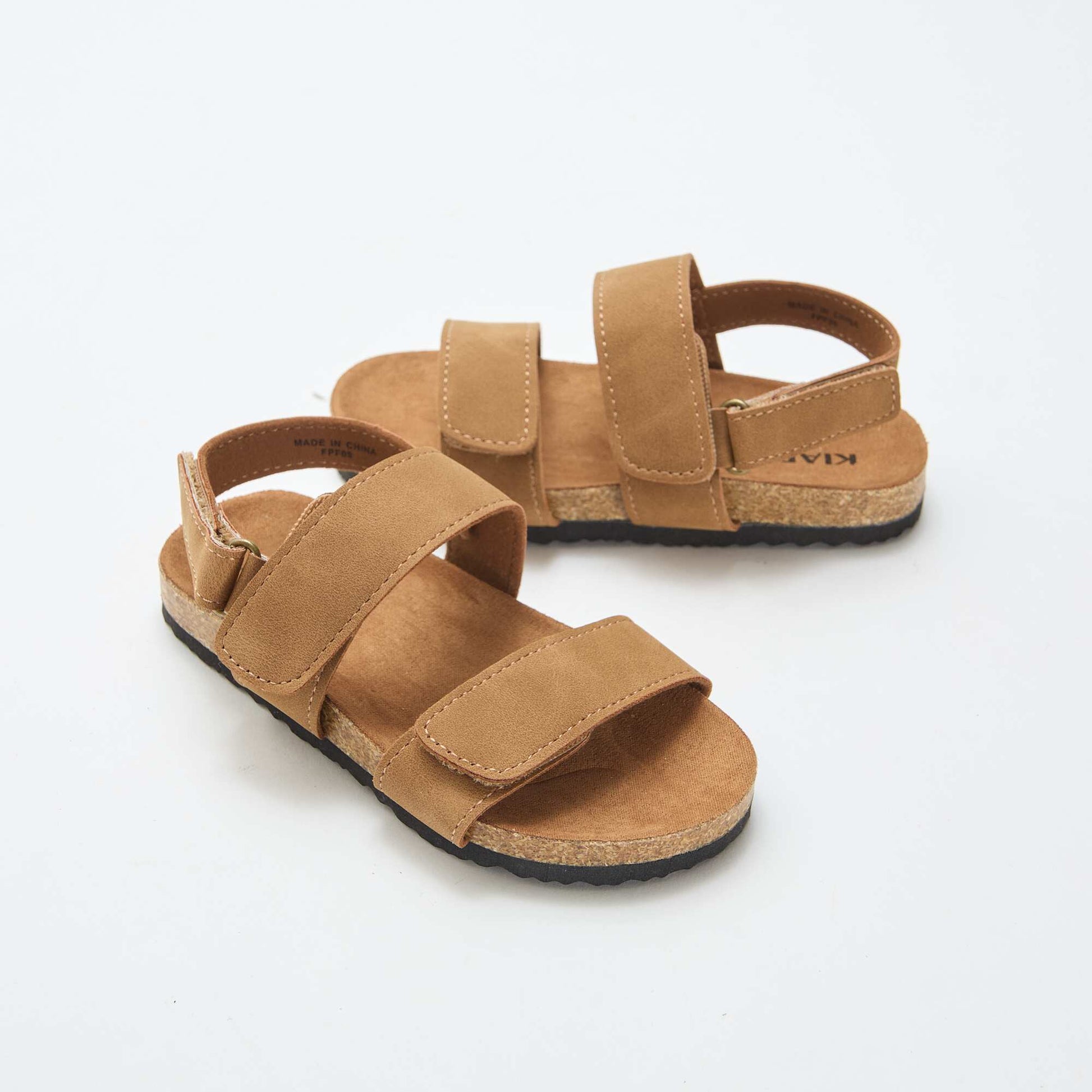 Flat sandals with double strap and hook-and-loop fastening BROWN