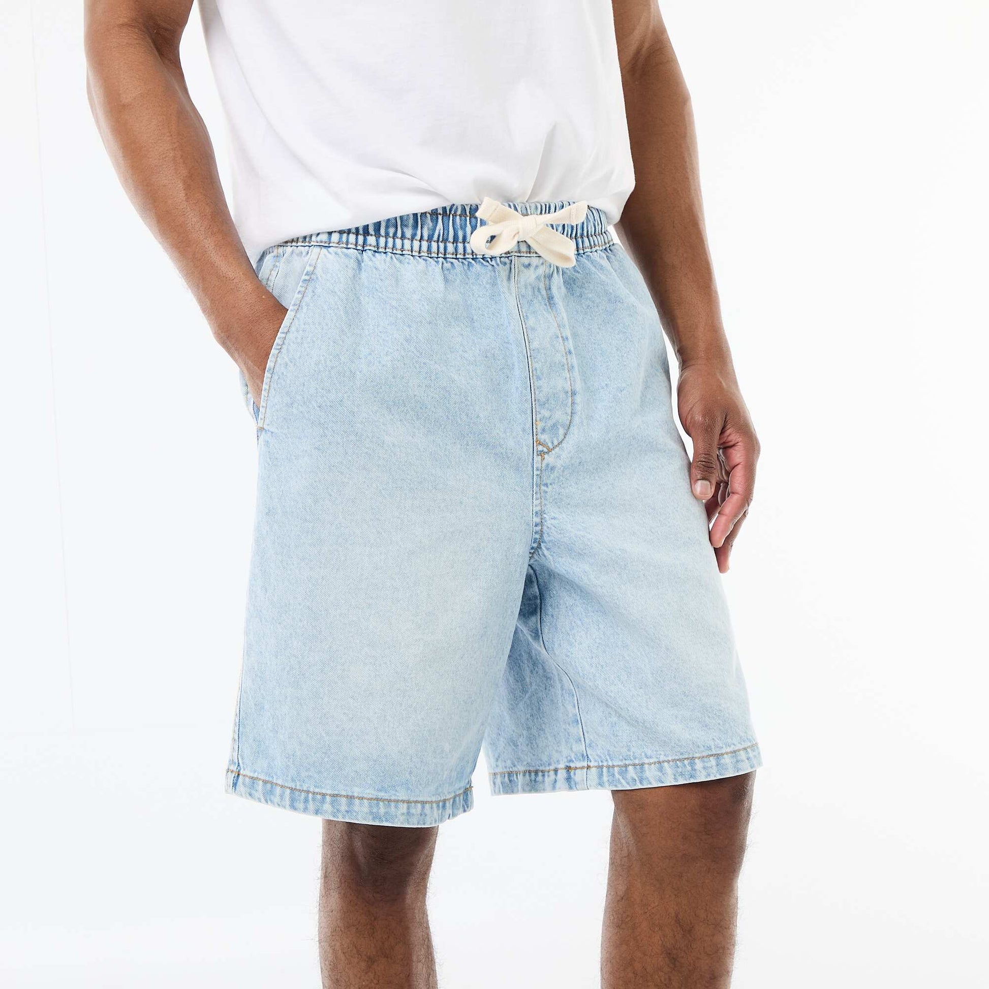 Elastic Waist Denim Bermuda Shorts BLUE