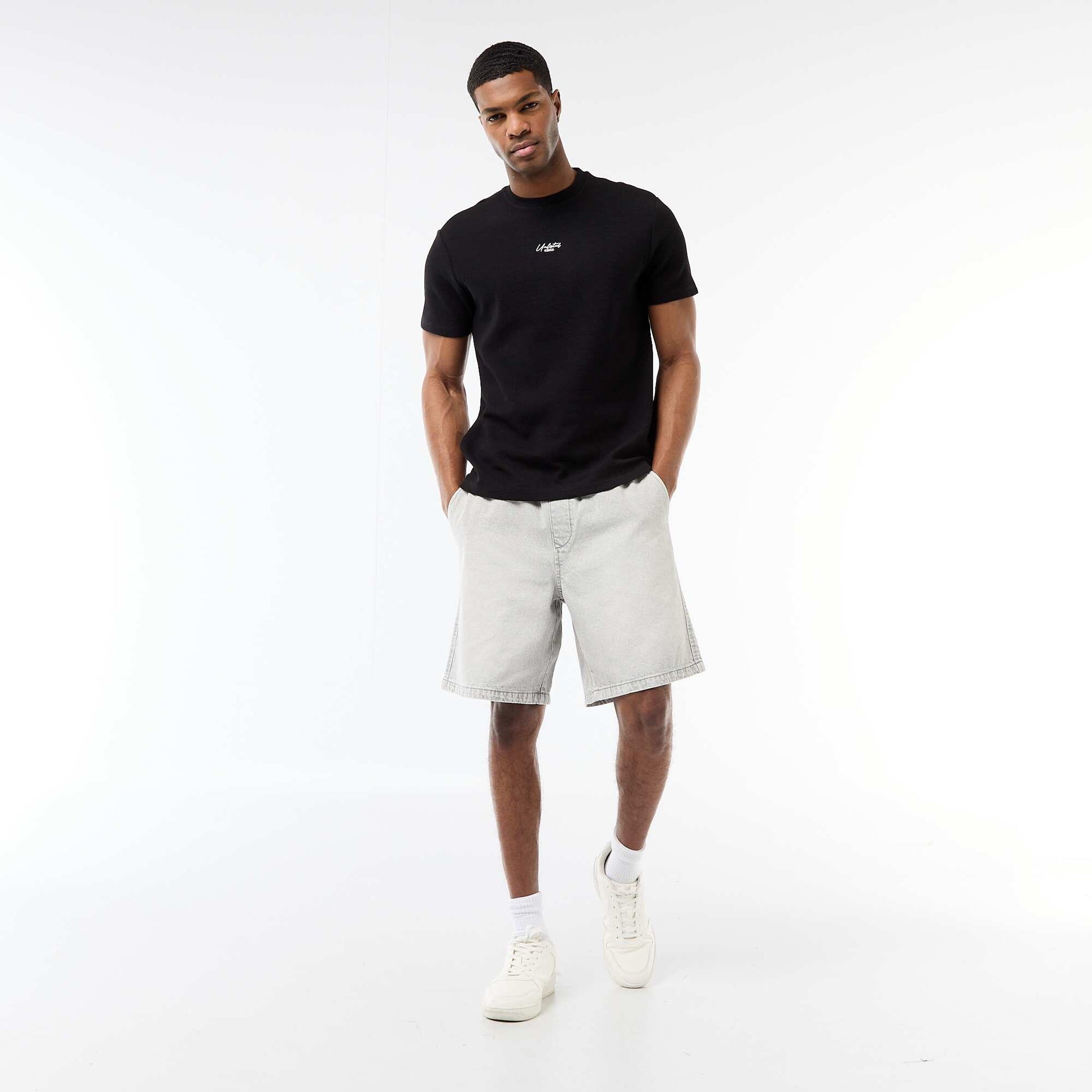 Elastic Waist Denim Bermuda Shorts GREY