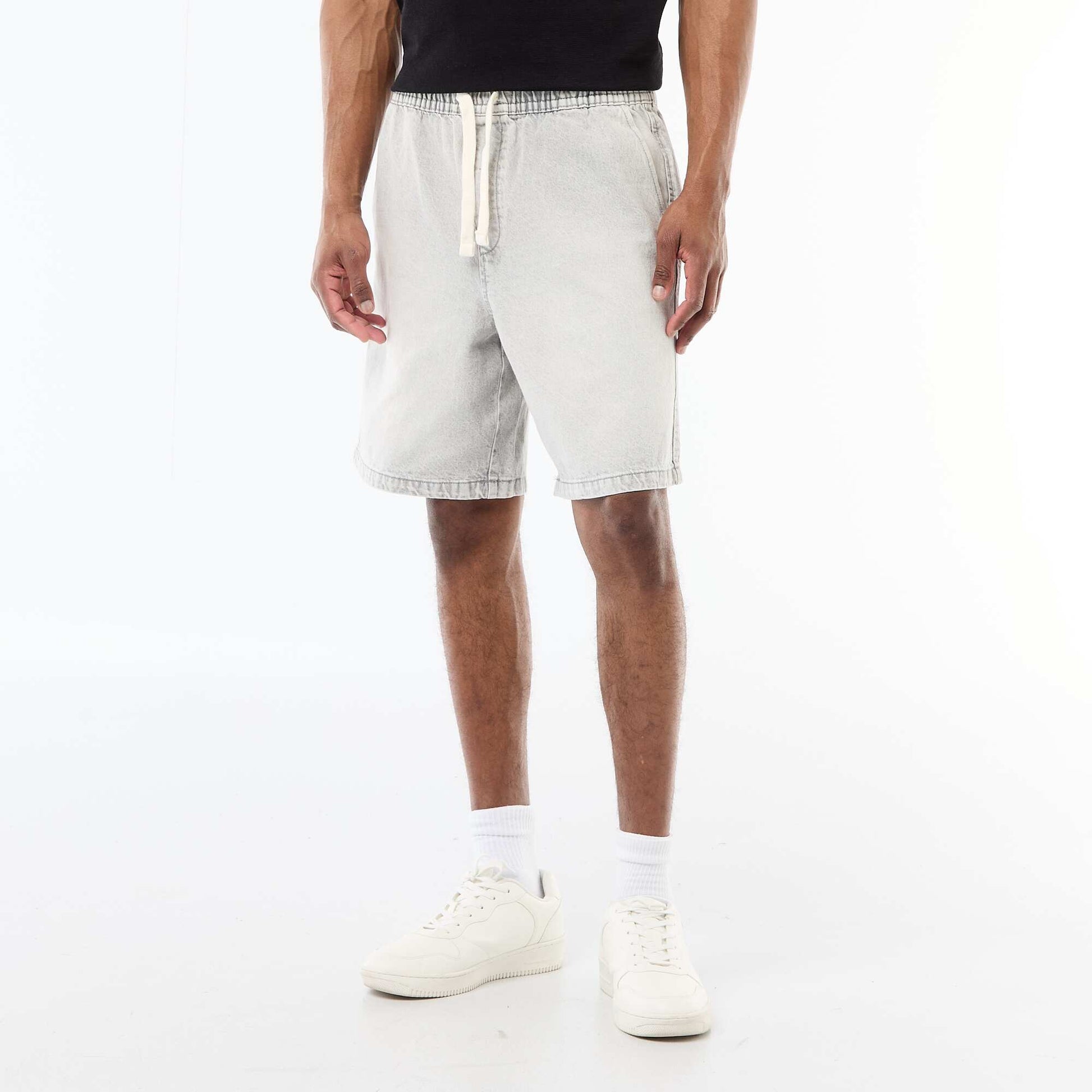 Elastic Waist Denim Bermuda Shorts GREY