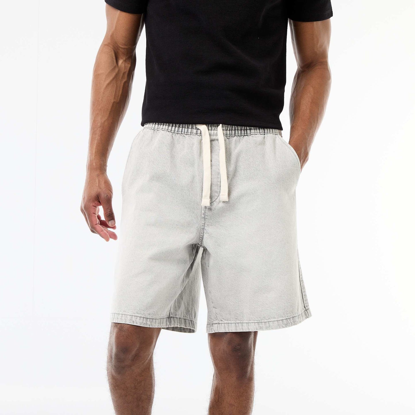 Elastic Waist Denim Bermuda Shorts GREY