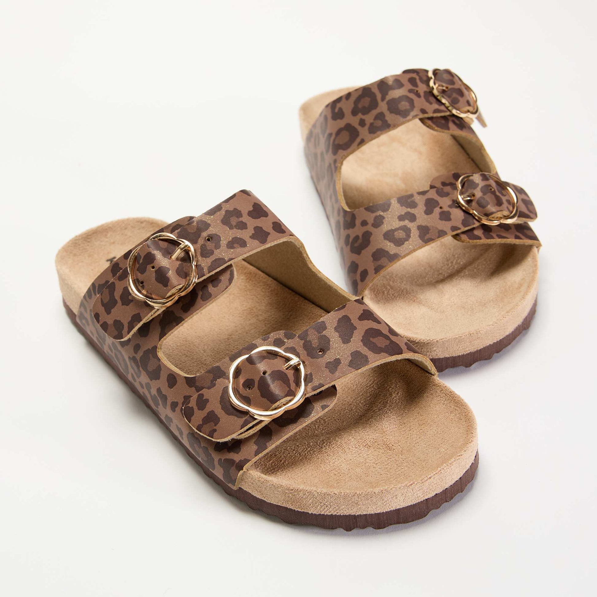 Leopard print double strap sandals BROWN