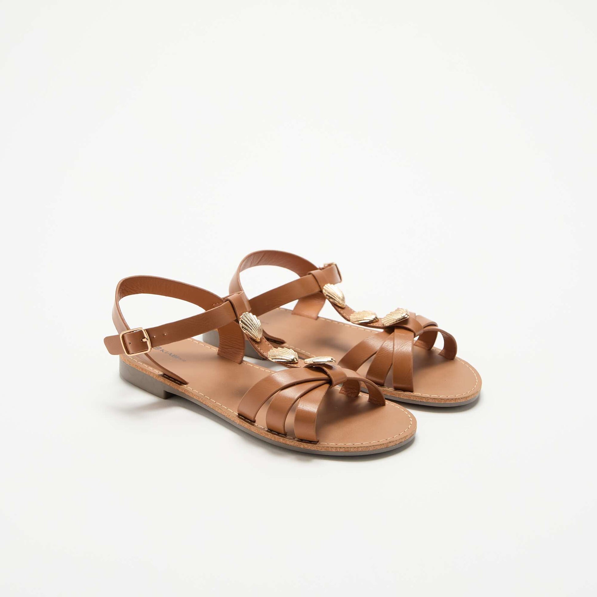 Flat sandals with fancy shell embellishments BROWN