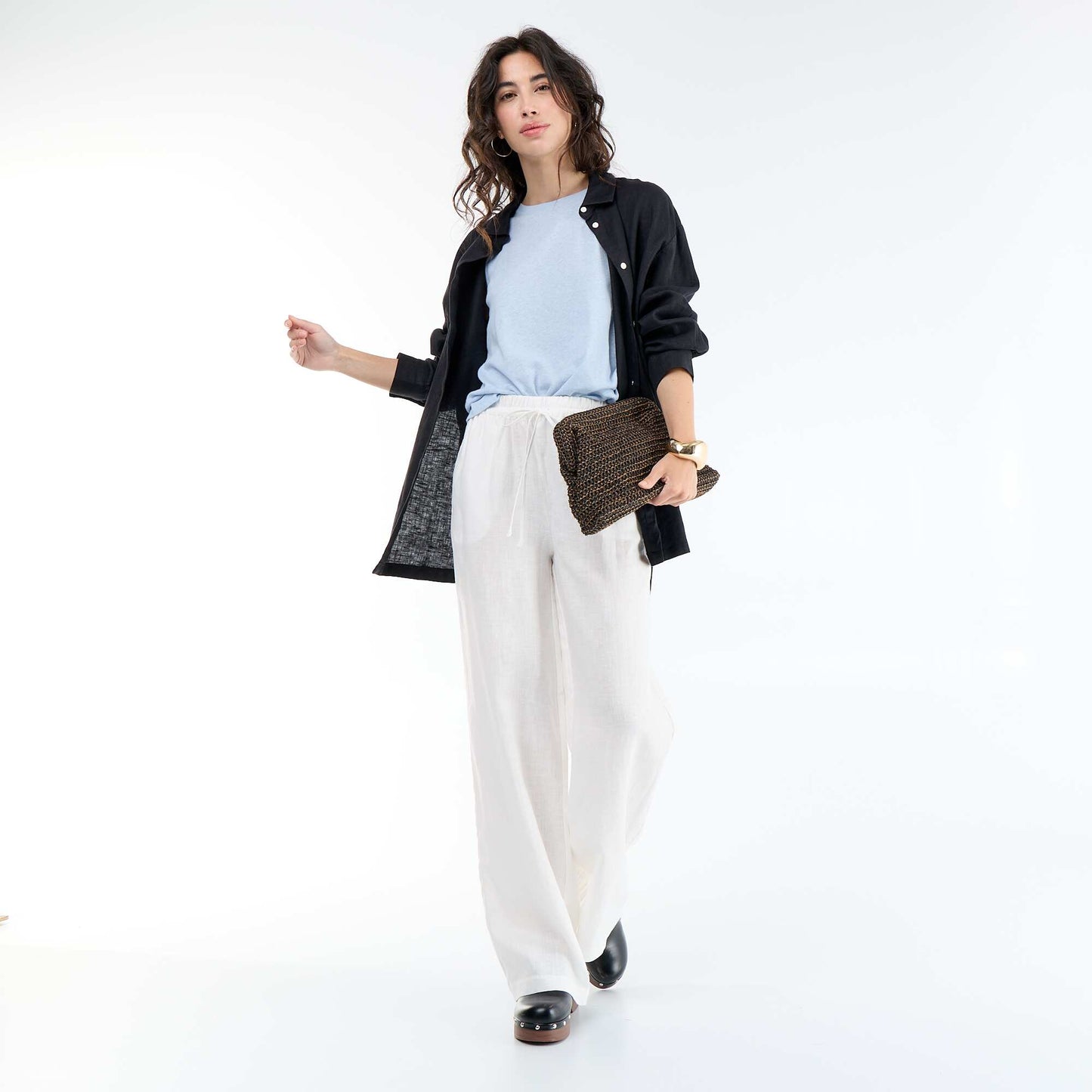 Plain Wide-Leg Linen Trousers WHITE