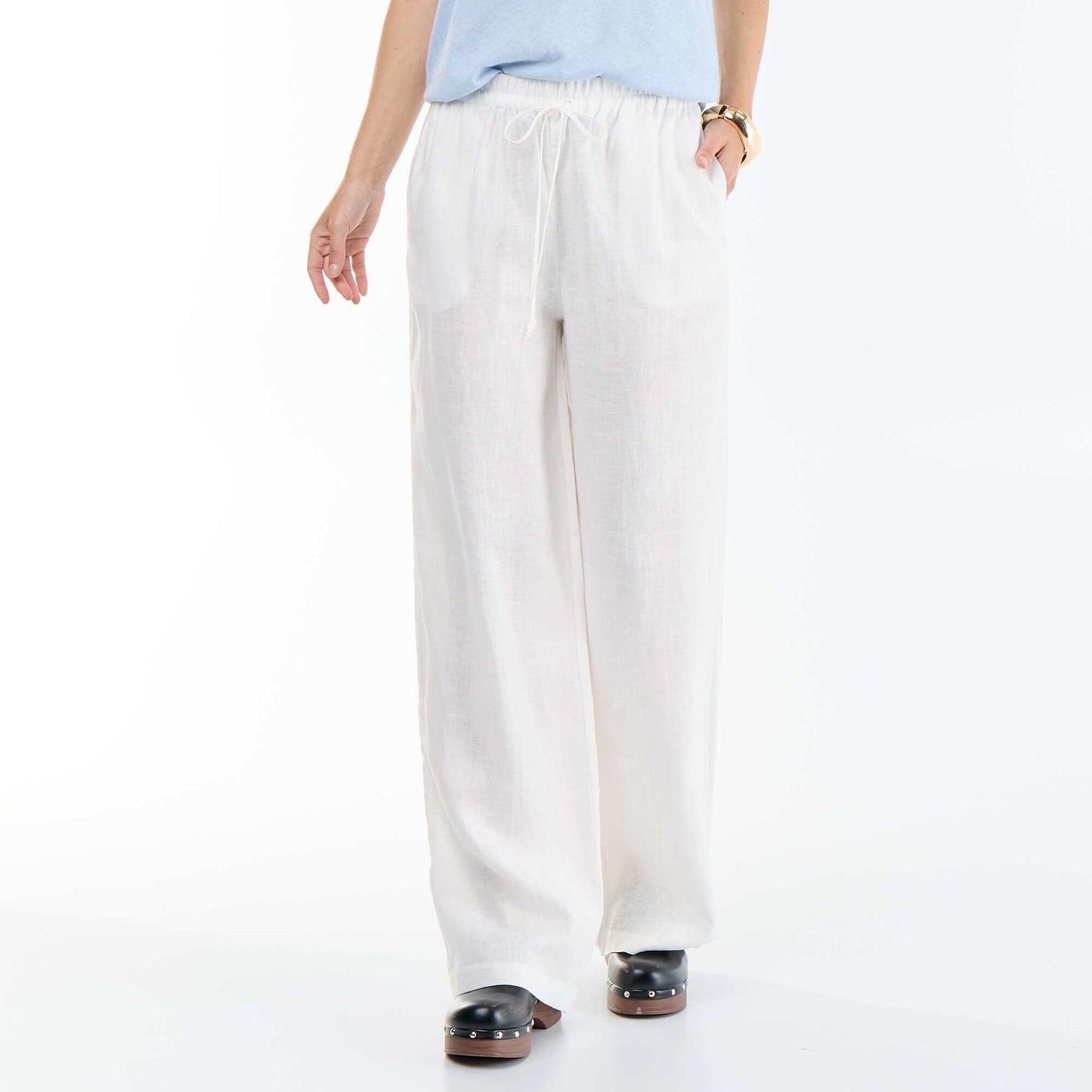 Plain Wide-Leg Linen Trousers WHITE