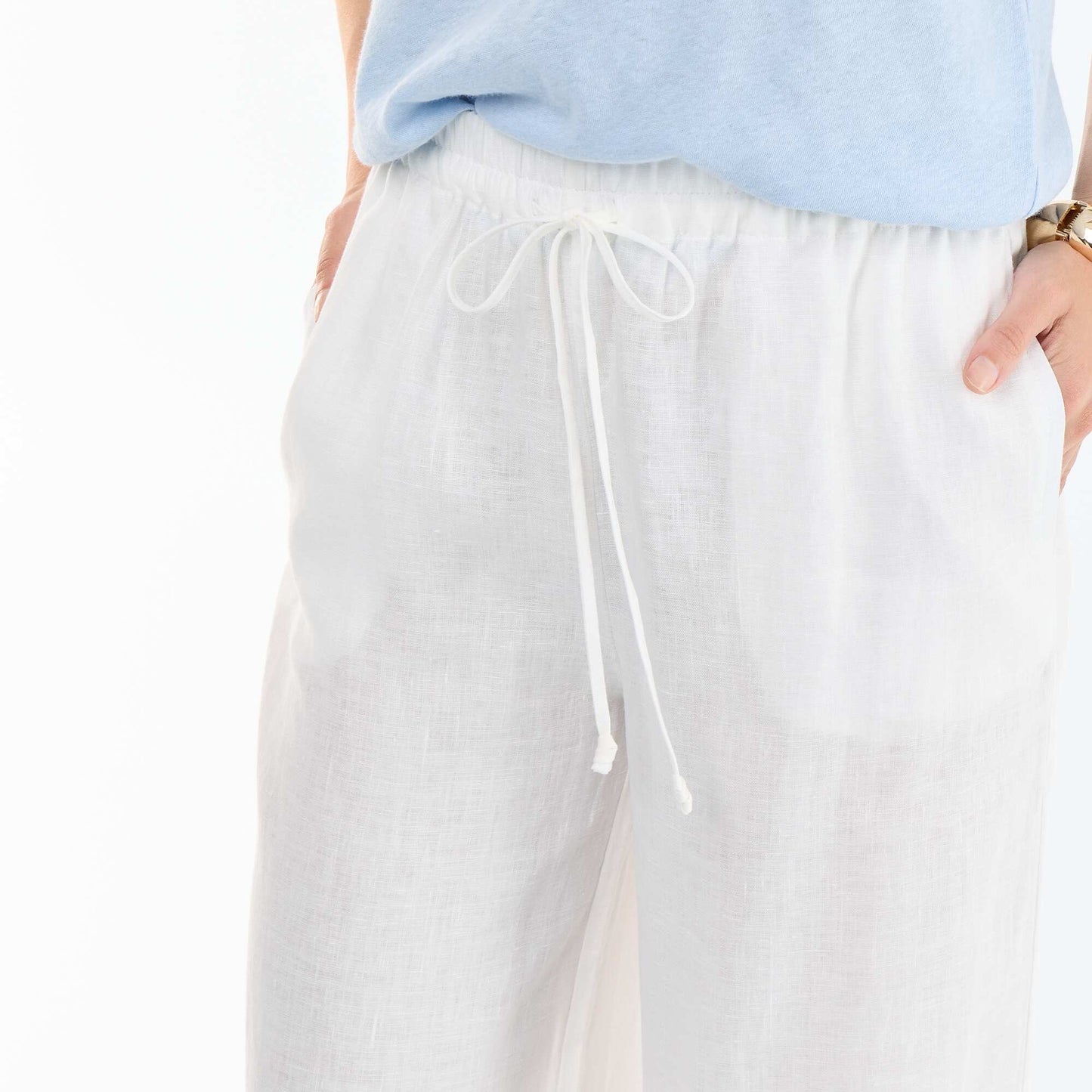 Plain Wide-Leg Linen Trousers WHITE