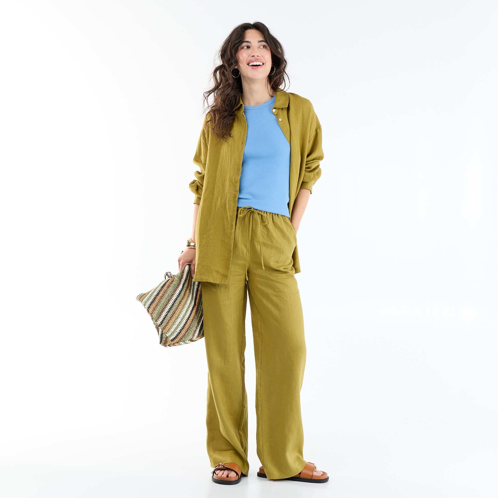 Plain Wide-Leg Linen Trousers GREEN