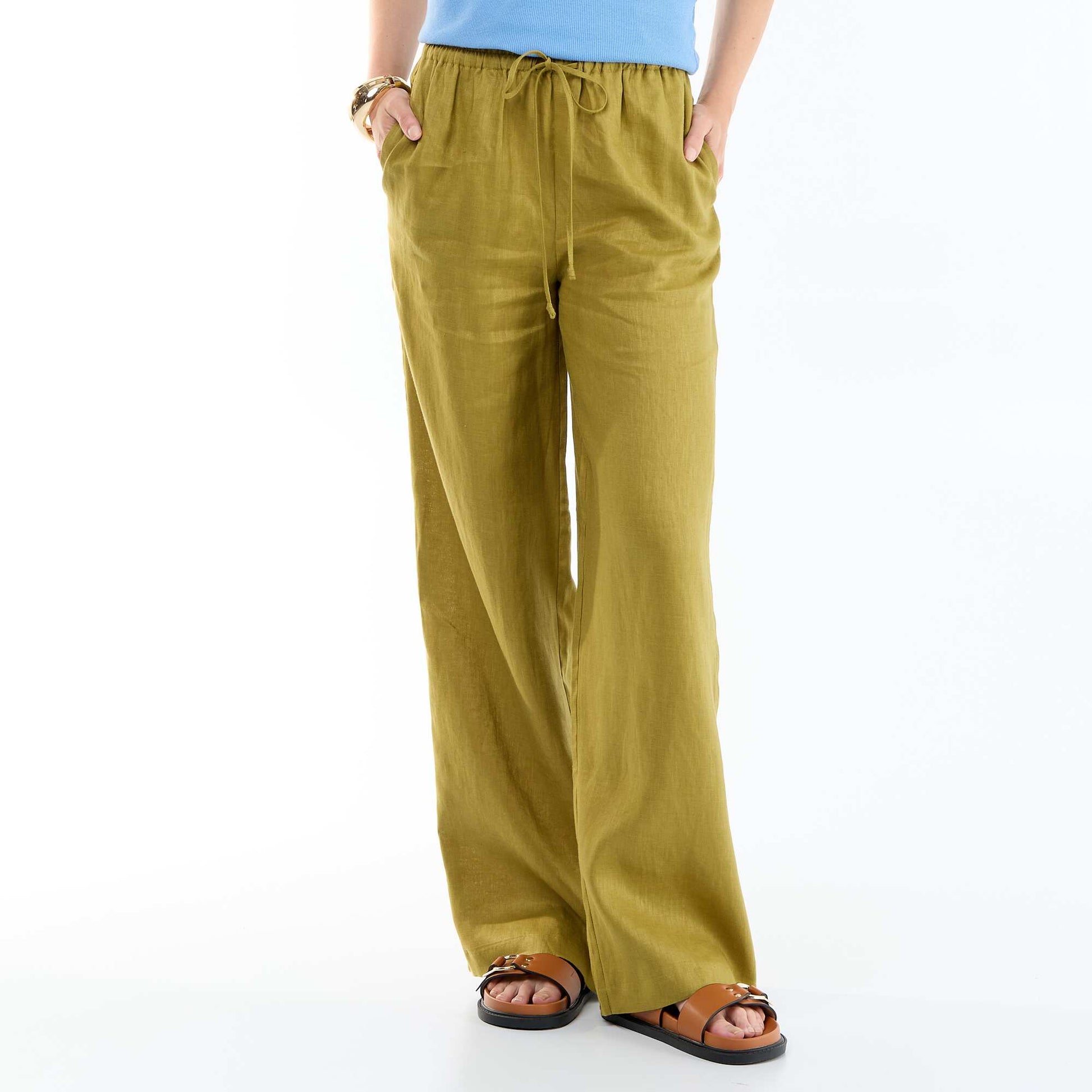 Plain Wide-Leg Linen Trousers GREEN