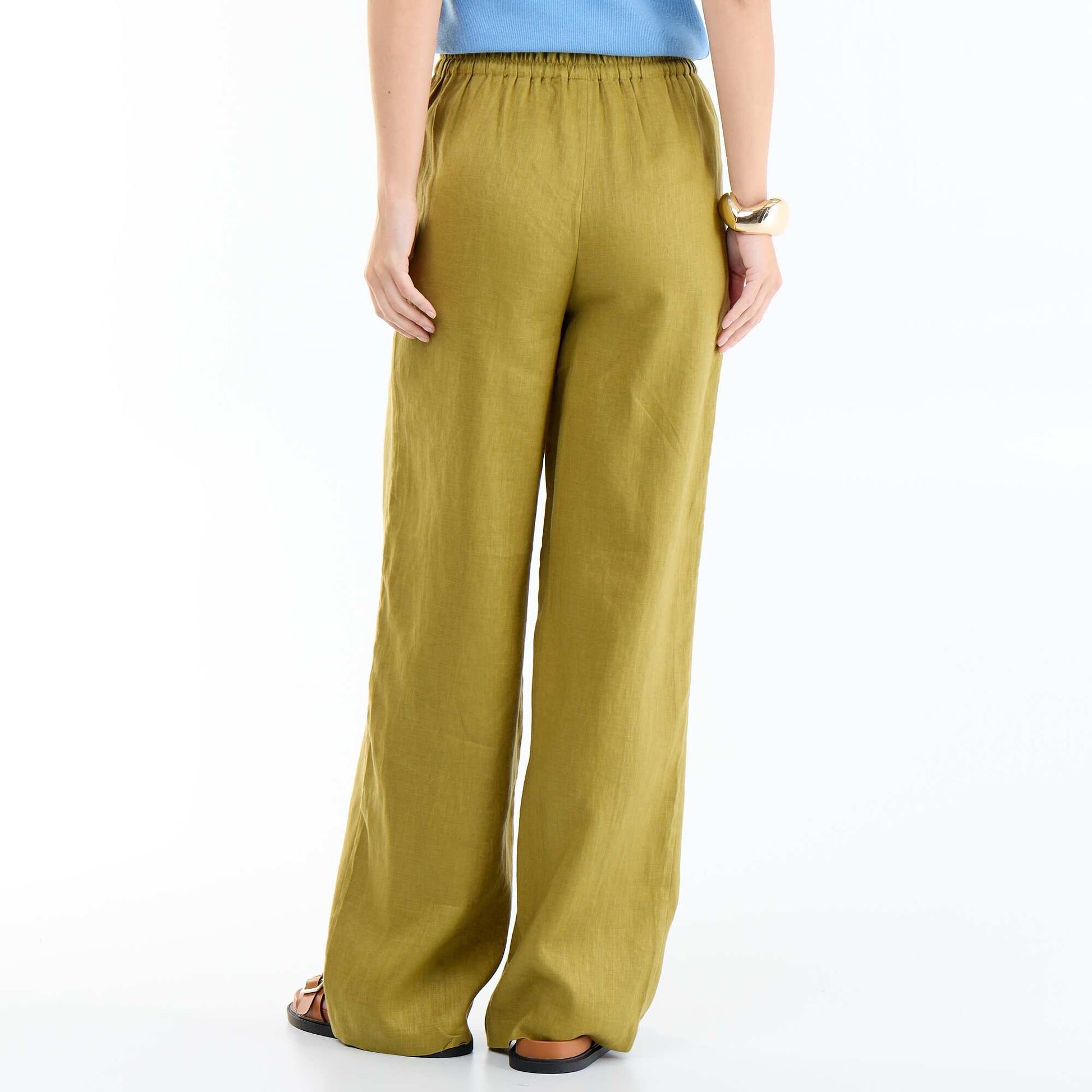 Plain Wide-Leg Linen Trousers GREEN